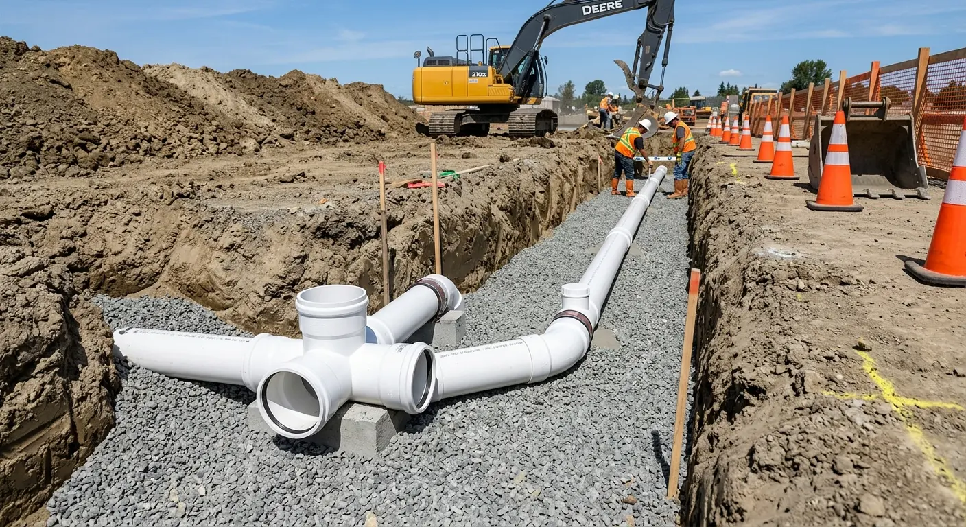 New PVC sewer pipe installation in open trench for Sewer Camera Inspection in Cape St. Claire
