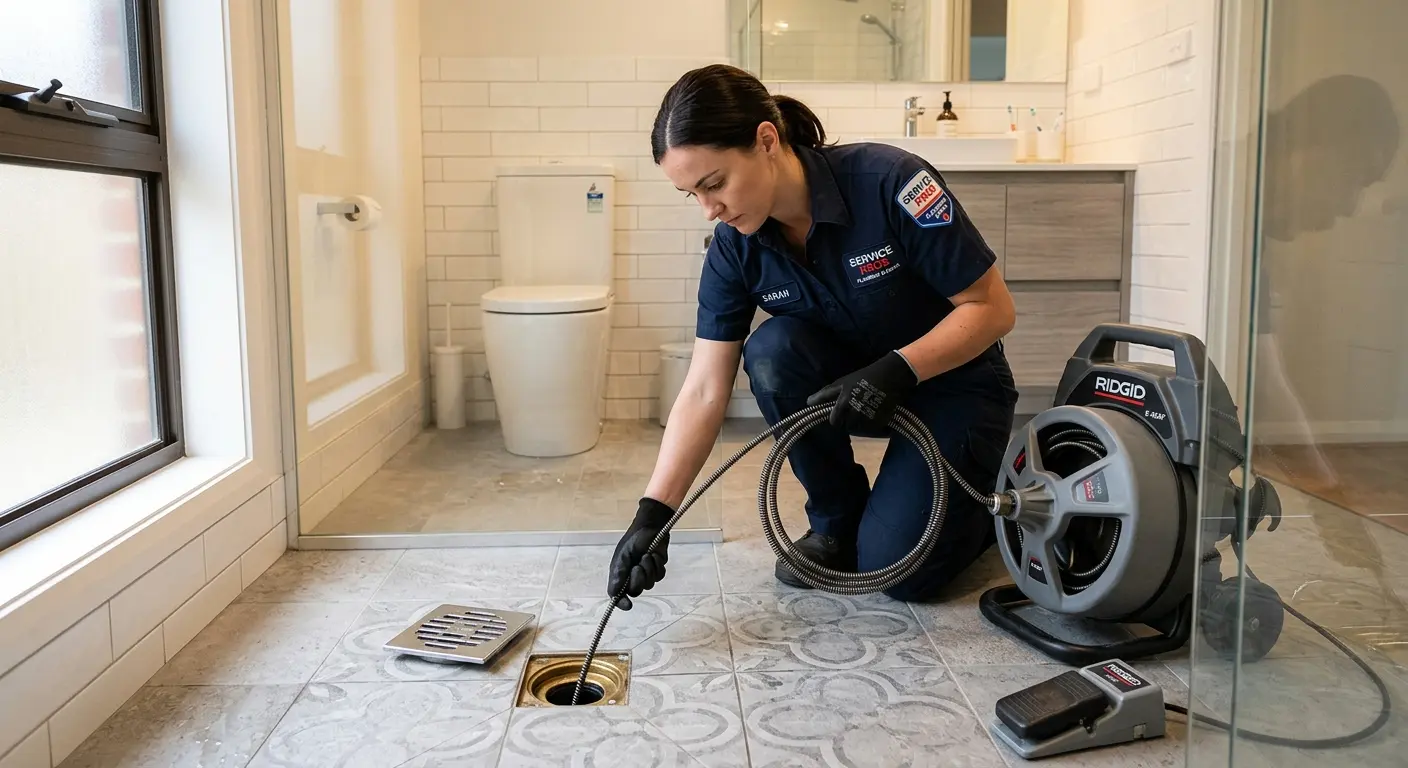 Technician clearing a bathroom floor drain for Drain Repair in Cape St. Claire